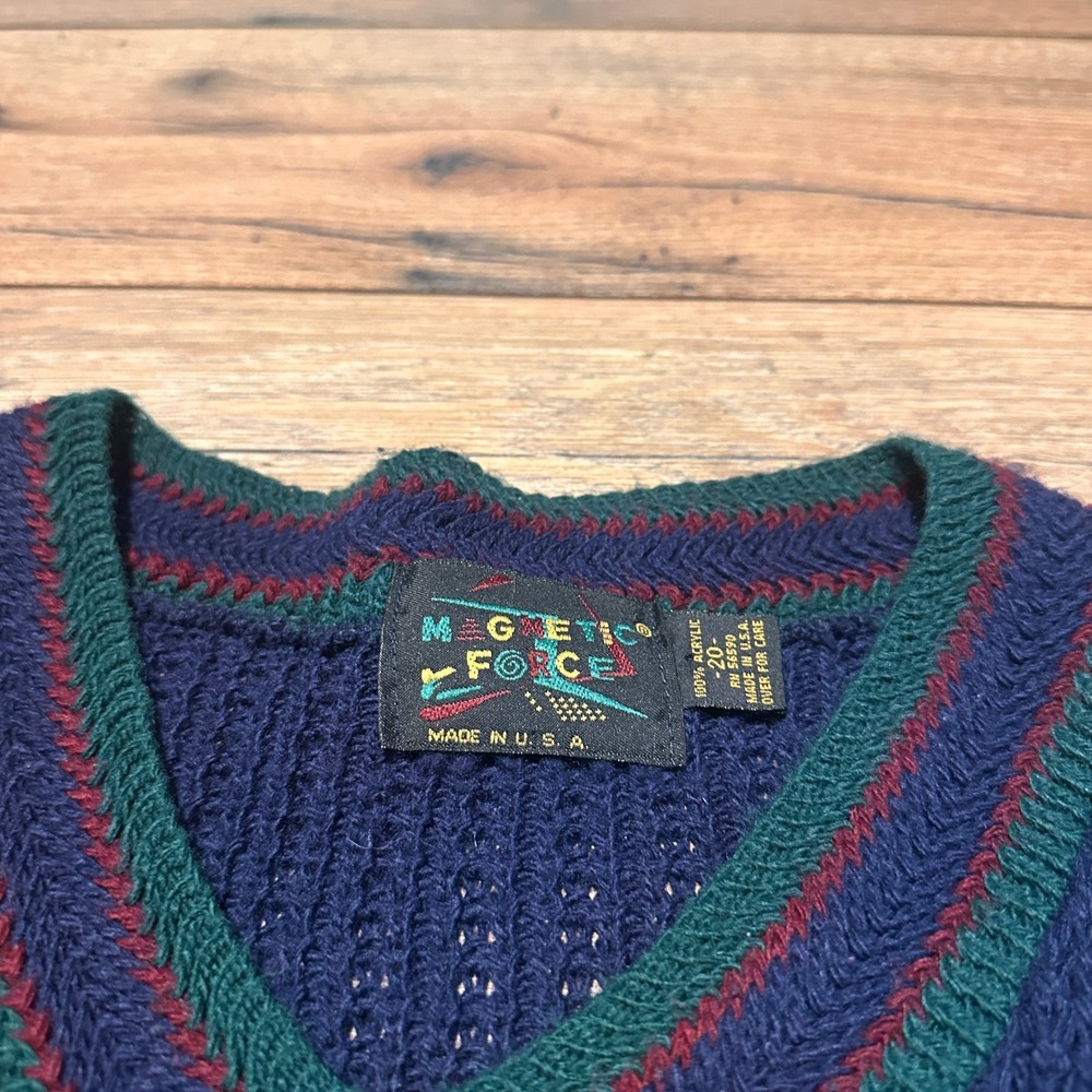 Vintage Magnetic Force Navy Blue Striped V-Neck Knit Sweater Mens Size 20/L - Picture 4 of 6